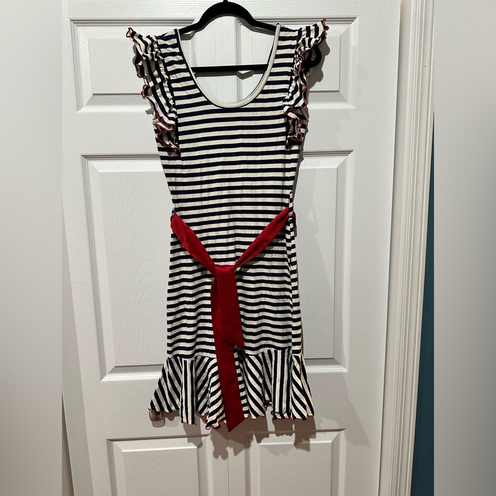 Effie’s Heart navy & white striped dress with red stitching & belt, size medium